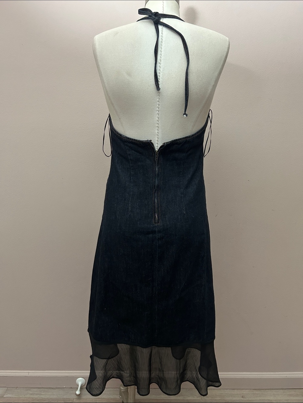 Lioness Black Halter Indigo Denim Midi Dress with Sheer Hem halter neck size S - Picture 6 of 13